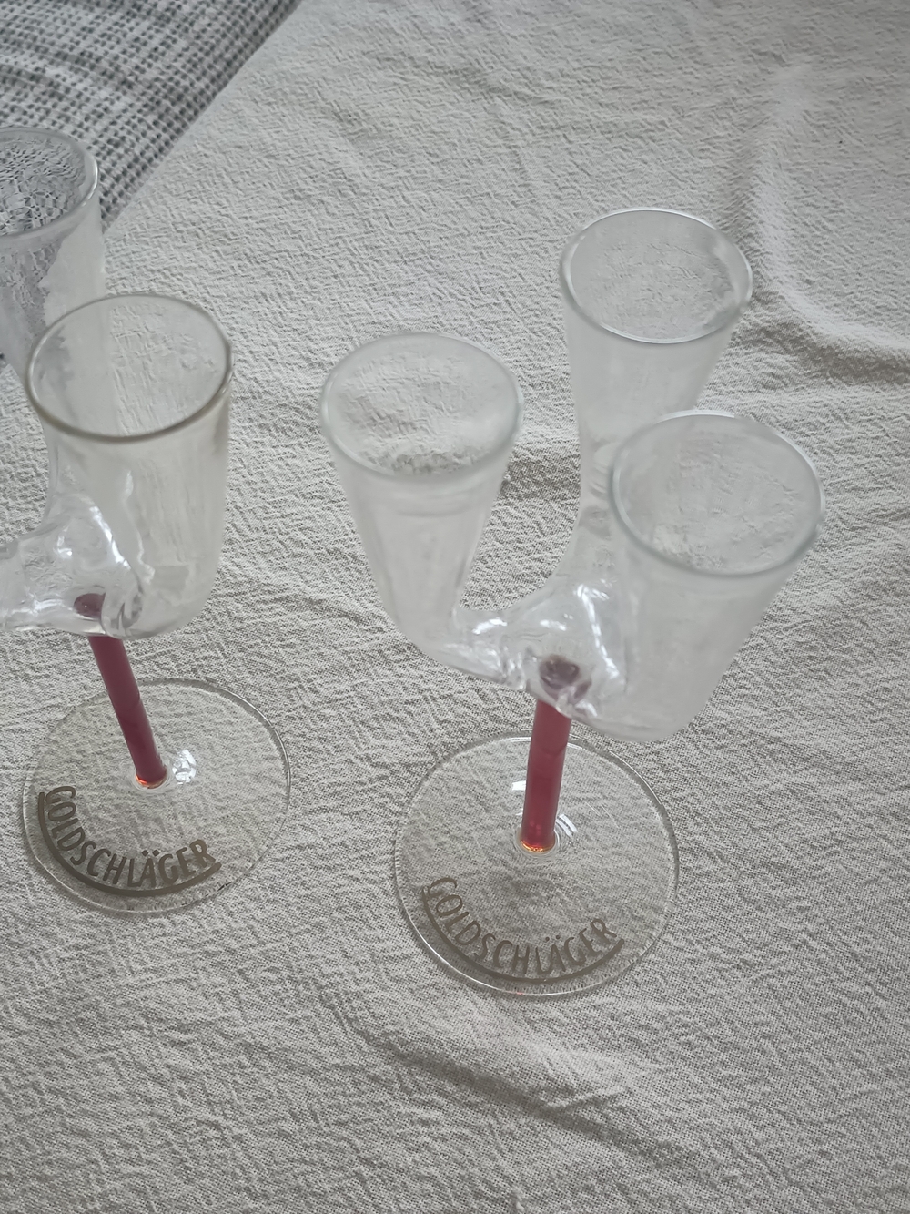 2 Vintage Goldschlager Triple Flute Trio Long Red Stem Shot Cordial Glasses